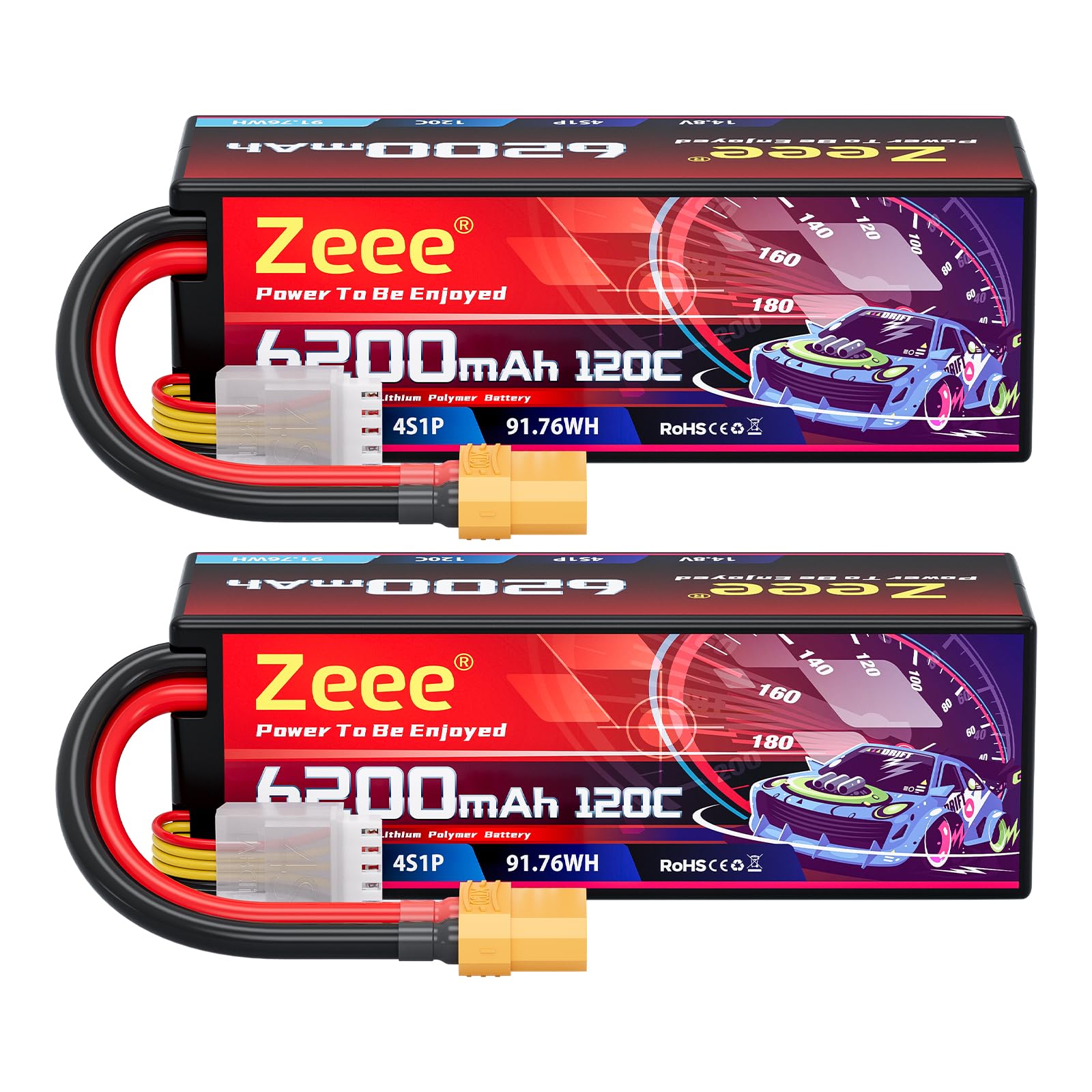 Zeee 4S Lipo Battery 6200mAh 14.8V 120C with XT90 Connector Hard Case RC Battery for Car Truck Tank RC Buggy Truggy RC Models(2 Pack)