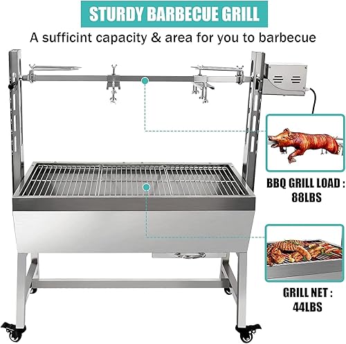 Miniatura 4 de Parrilla asadora de acero inoxidable de 132 libras con protector de cubierta trasera, asador de cordero pequeño con motor de 25 W, asador de carbón