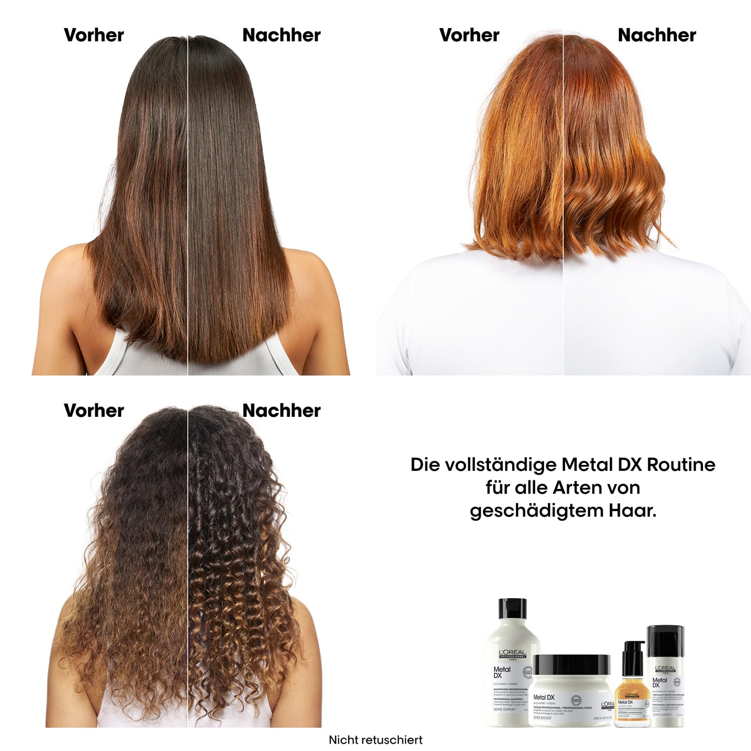 L'Oréal Professionnel Pflegetrio für alle Haartypen, beugt Haarbruch & Farbveränderungen vor, Anti-Frizz, Hitzeschutz, Mit Glicoamin, Serie Expert, Metal DX Haarmaske, Öl & Leave-In Cream