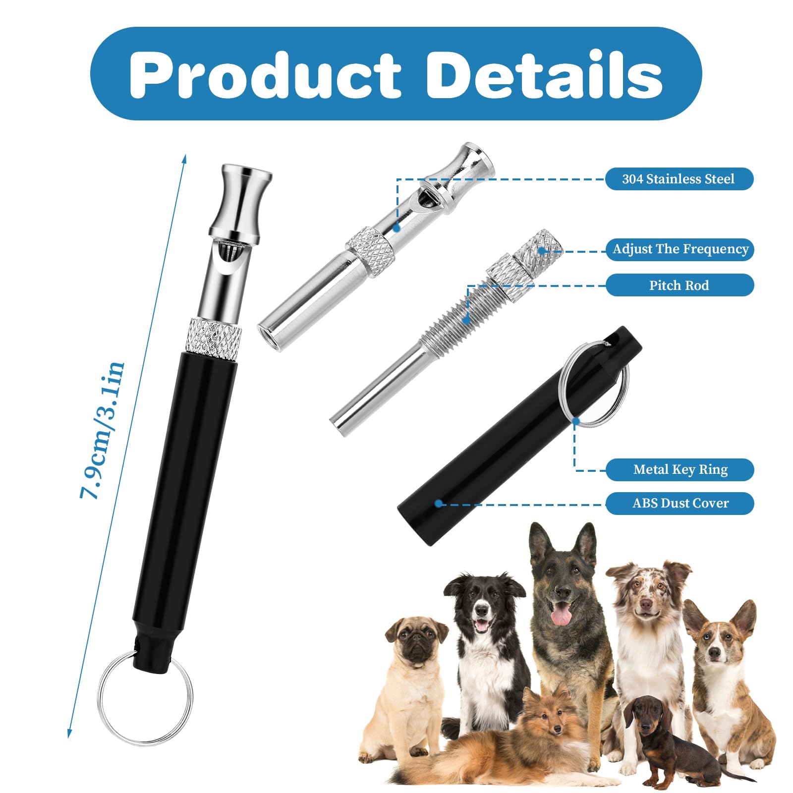 Lot de 2 sifflets professionnels pour arrêter les aboiements, sifflets professionnels de dressage de chiens avec cordon, outils de dressage à ultrasons réglables noir et blanc pour arrêter les