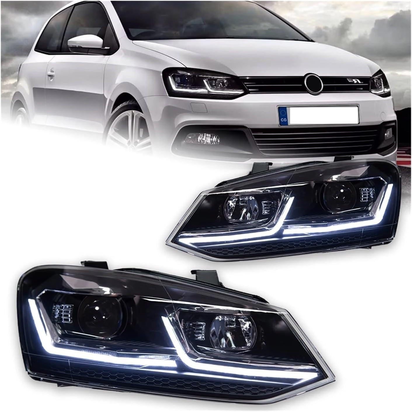 Car Lights Head Lamp Compatible For VW Polo LED Headlight Projector Lens 2011-2017 DRL Hid Head Lamp Bi Xenon Beam Accessories(Red Line)