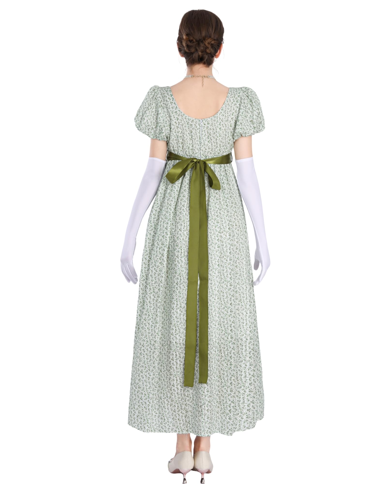 NSPSTT Regency Dress for Women - Floral Empire Waist Long Tea Party Dress with Gloves, Green Floral, XL, Green 1023 - Image 4