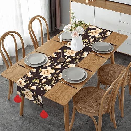 Camino de mesa de Navidad con flores blancas de magnolia, decoración de mesa de comedor, decoración de Navidad, decoración de interiores del hogar,