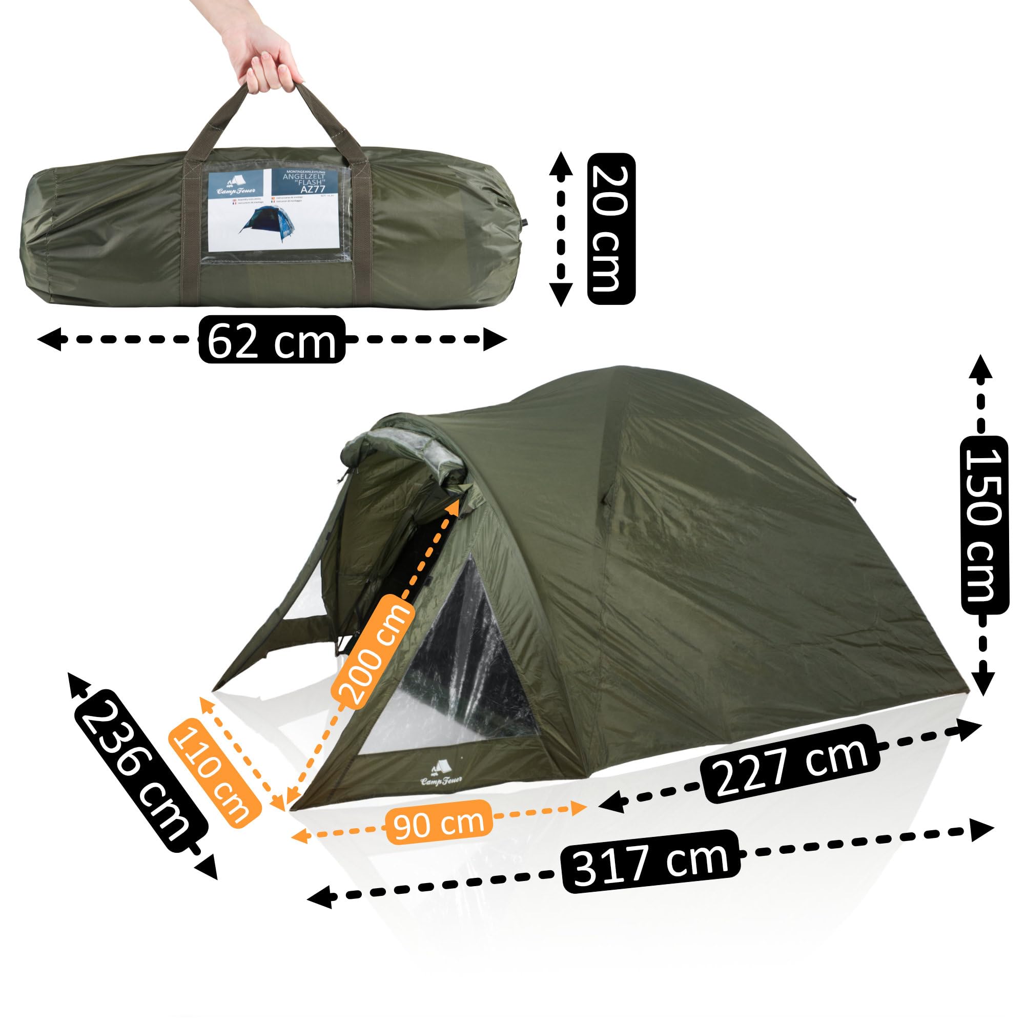 CampFeuer Karpfenzelt Flash für 1-2 Personen | 2000 mm Wassersäule, 3,17 x 2,36 x 1,5 m | Angelzelt für Outdoor und Camping | Anglerzelt, Outdoorzelt, Fischerzelt | Angel Zelt, Trekkingzelt
