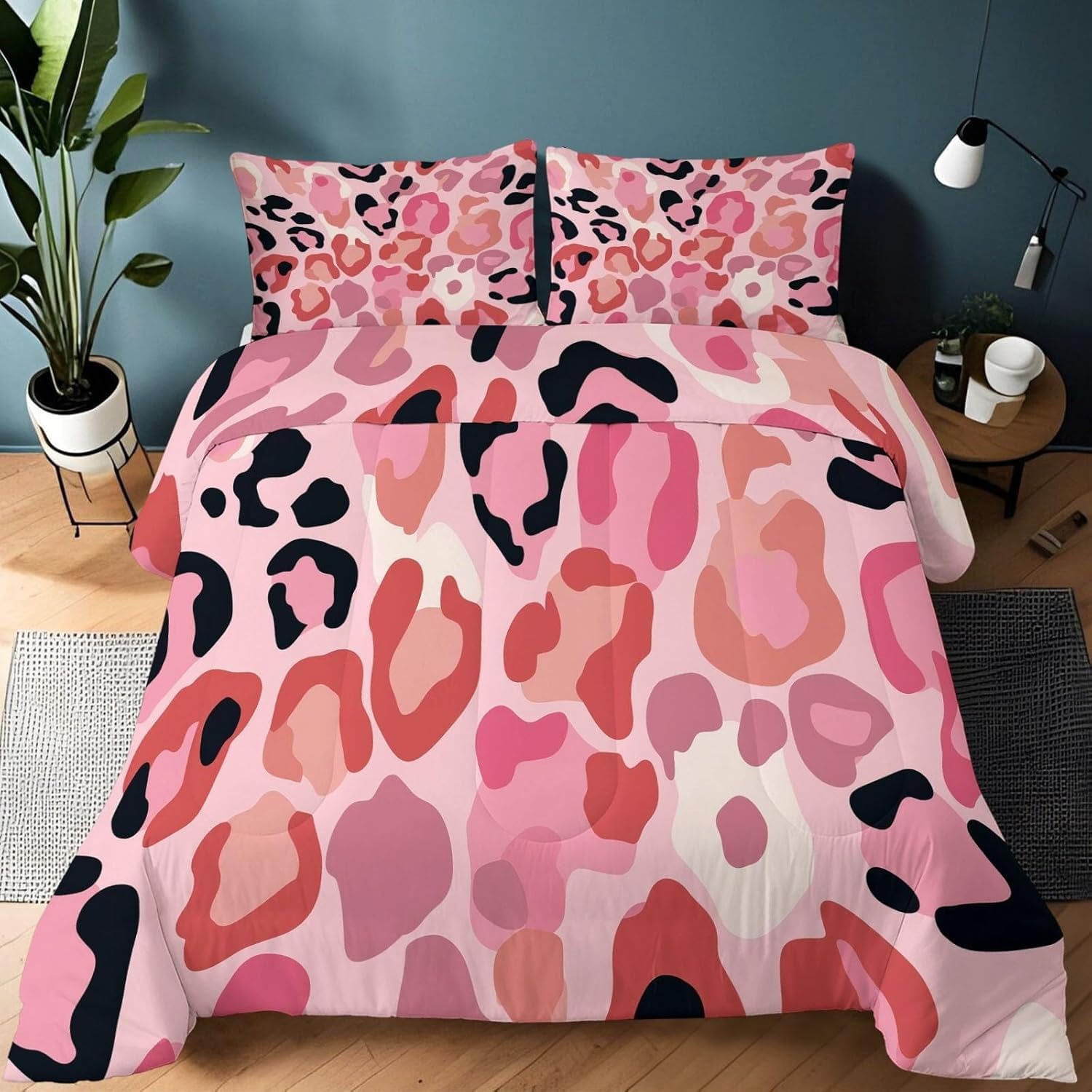 Couette 240x260 imprimé léopard rose lavable avec 2 taies d'oreiller