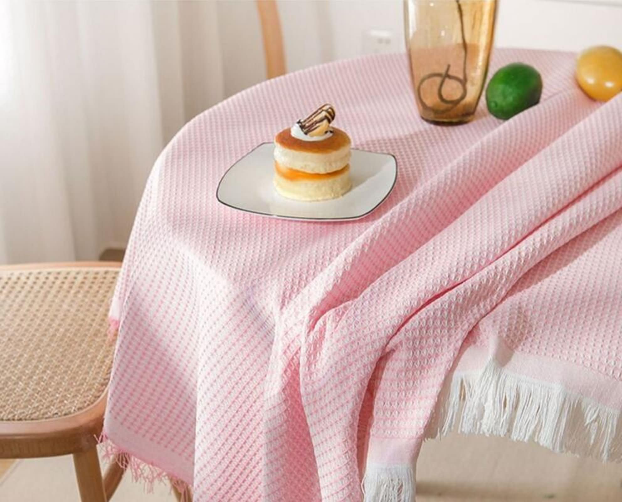 Tovaglia Decorativa Rettangolare, 180x260 cm Tovaglia in tessuto a quadri per sala da pranzo, cucina, feste, con frange, Rosa Bianco, Stile3
