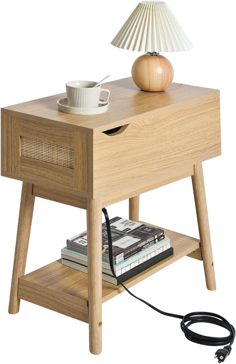 Labcosi Natural Rattan Side Table, Flip Top Nightstand with Charging Station, Mid