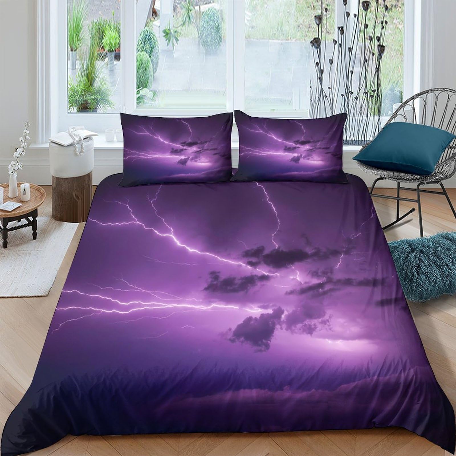 GPLZQXKJNH 3D Printed Purple Lightning Duvet Cover Microfiber Soft Breathable Thunderstorm Quilt Cover Set with 2 Pillowcases for Bedroom Apartment Single（135x200cm）