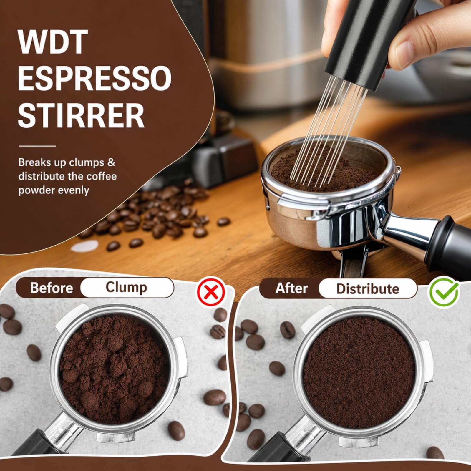 Barista - Juego de prensador de café (7 piezas, 51 mm, con estación de apisonamiento, aguja, distribuidor, anillo dosificador de 53 mm, pantalla y cepillo, acero inoxidable 304)