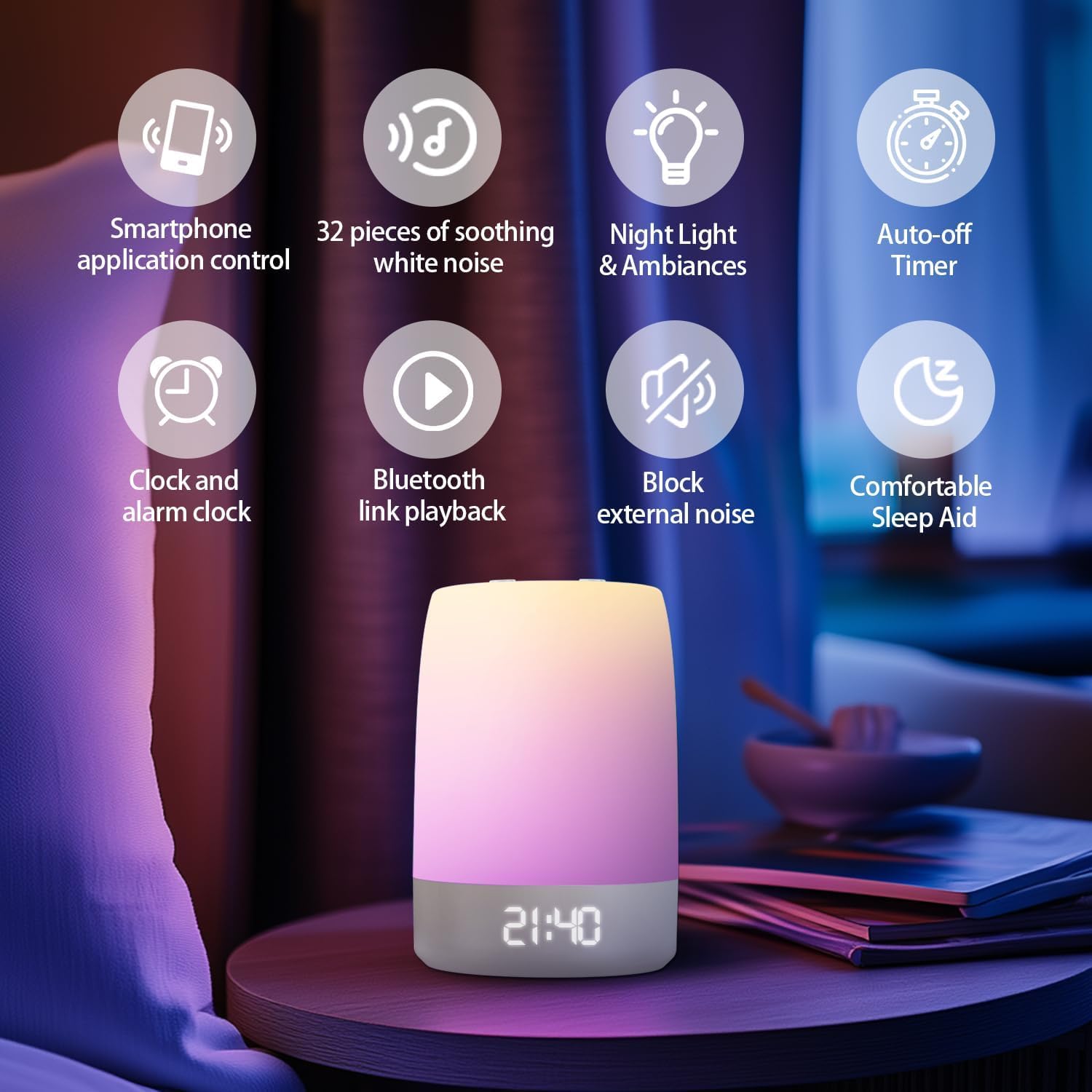 Weißes Rauschen Sound Maschine für Schlaf Kinder Nachtlicht Bluetooth Musik Wecker App Fernbedienung USB Batteriebetrieben 32 natürliche Klänge für Schlafzimmer Kinderzimmer Baby Erwachsene Tragbare