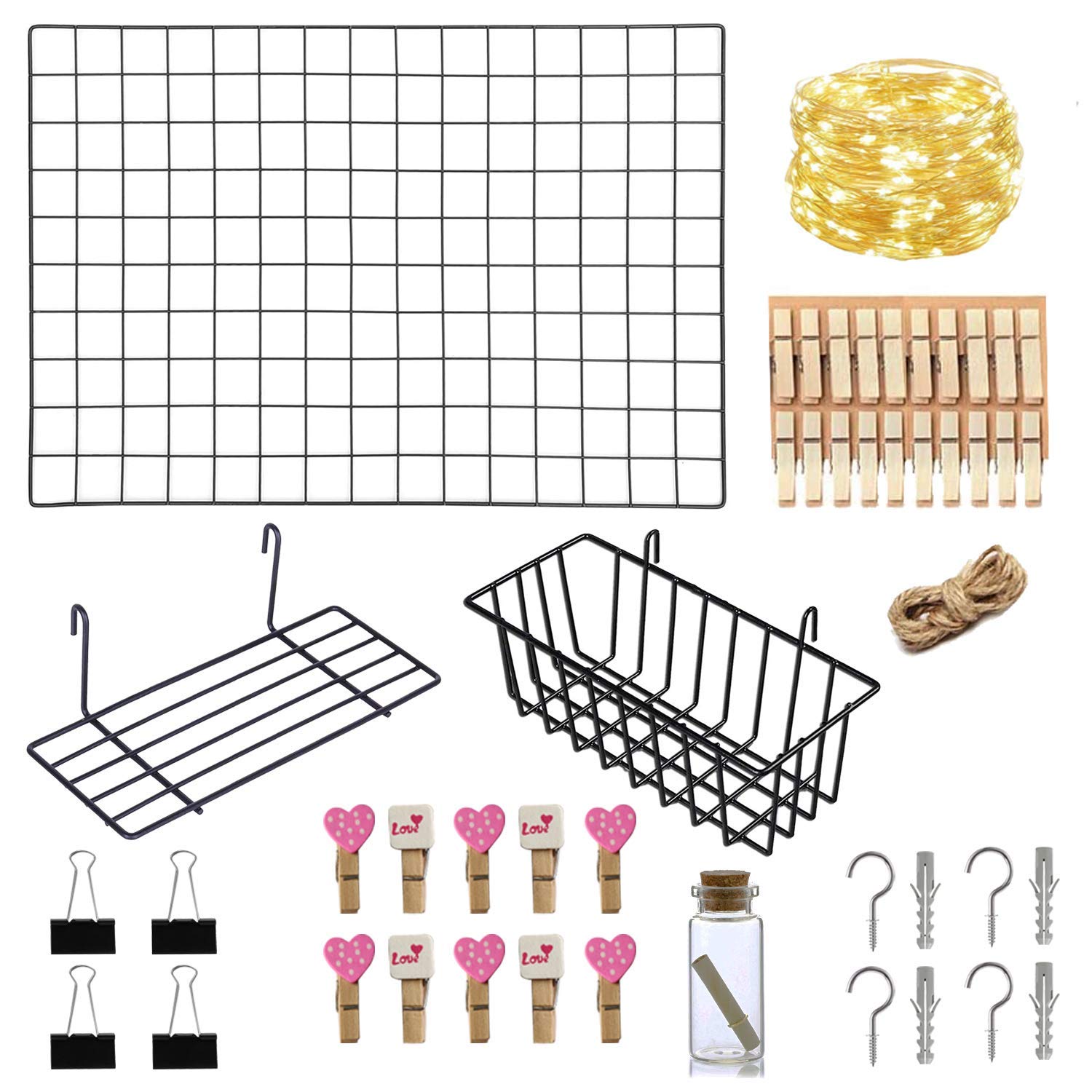 DZAWIBA Wall Decoration Photo Grid Frame Multi function Hanging Display and Stainless Steel Storage Organizer with Light; Clips; Basket Set of Full