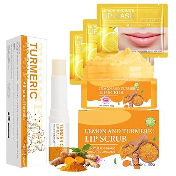 INSEEK Turmeric and Lemon Lip Scrub and Turmeric Lip Balm for Dark Lips, Lip Scrubber Exfoliator with Aloe Vera Deep Moisturizing, Nourish Dry Cracked Chapped Lips