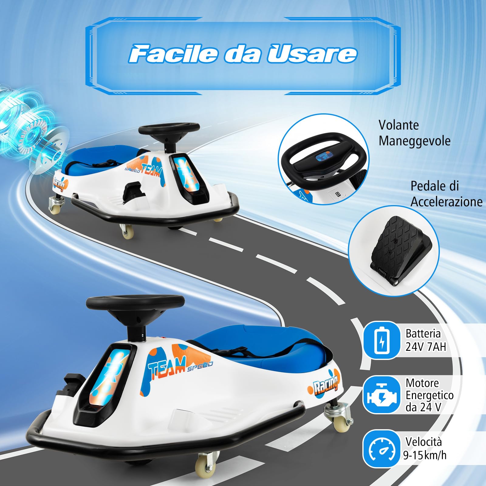 COSTWAY 24 V Go Kart per bambini, Auto Drift con Giro a 360°, con Connessione Wireless USB Radio Musica e 3 Bandierine, Avviso Lento, 9-15 km/h, per Bambini 3+ Anni