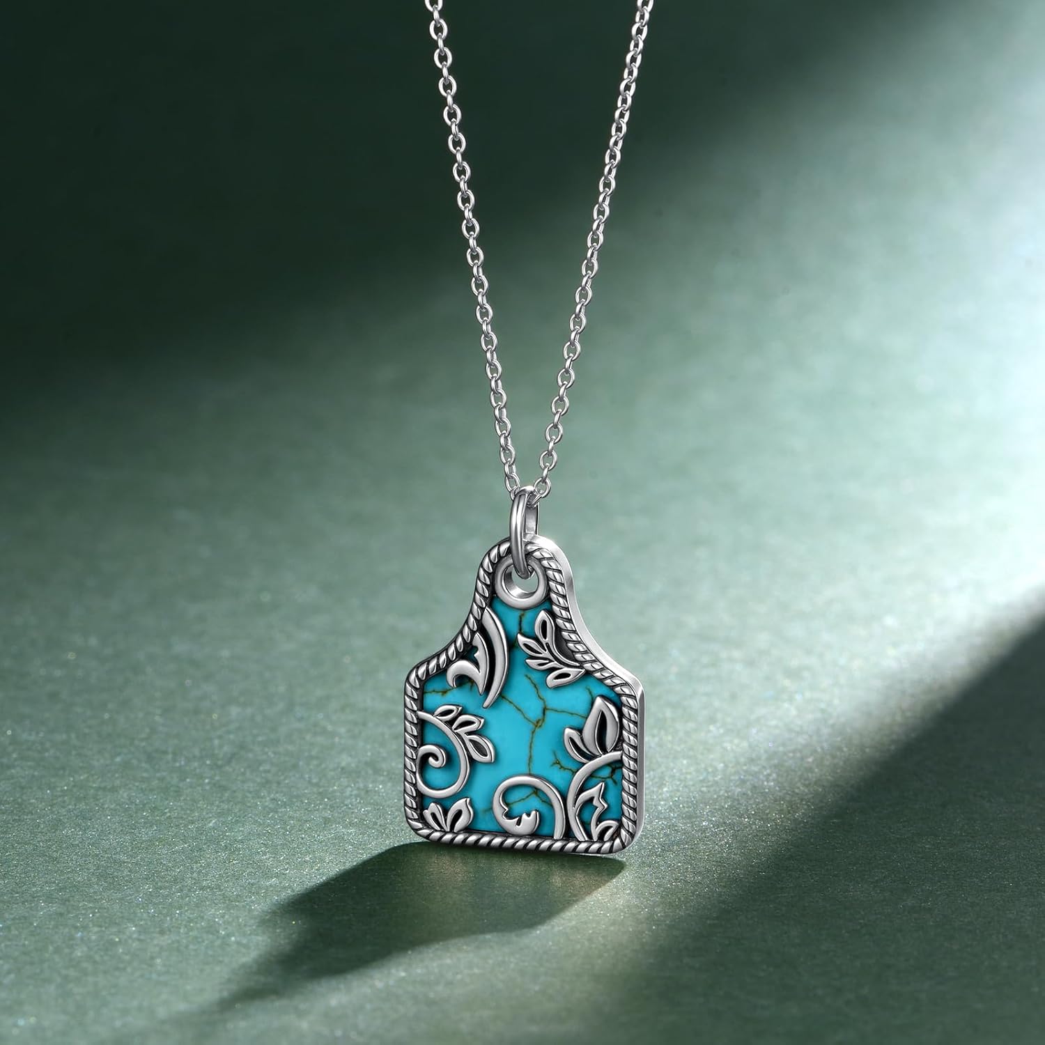 Genuine Turquoise Necklace 925 Sterling Silver Cattle Tag Necklace Vintage Western Nature Gemstone Real Turquoise Jewelry for Women
