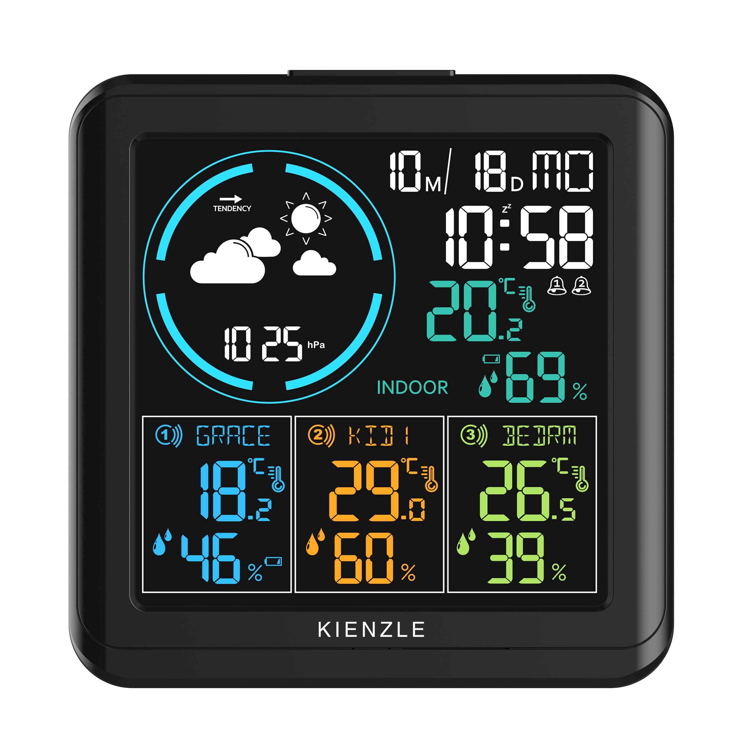 Kienzle Draadloos weerstation met projectie, kleurendisplay, buitensensor, schimmelwaarschuwing, 2 wektijden