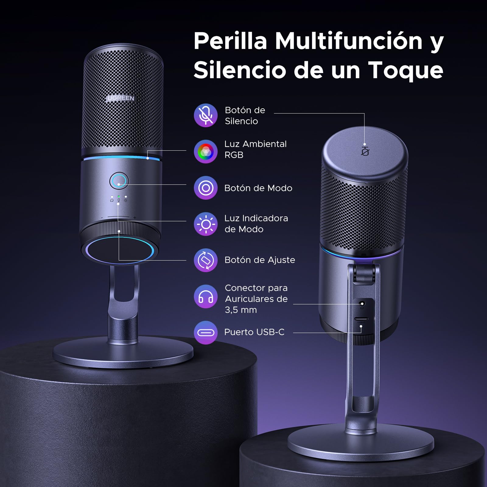 UGREEN Micrófono de Condensador USB para PC 24bit/96kHz | Botón de Silencio para Streaming Podcasts YouTube Discord Juegos Portátil PS5