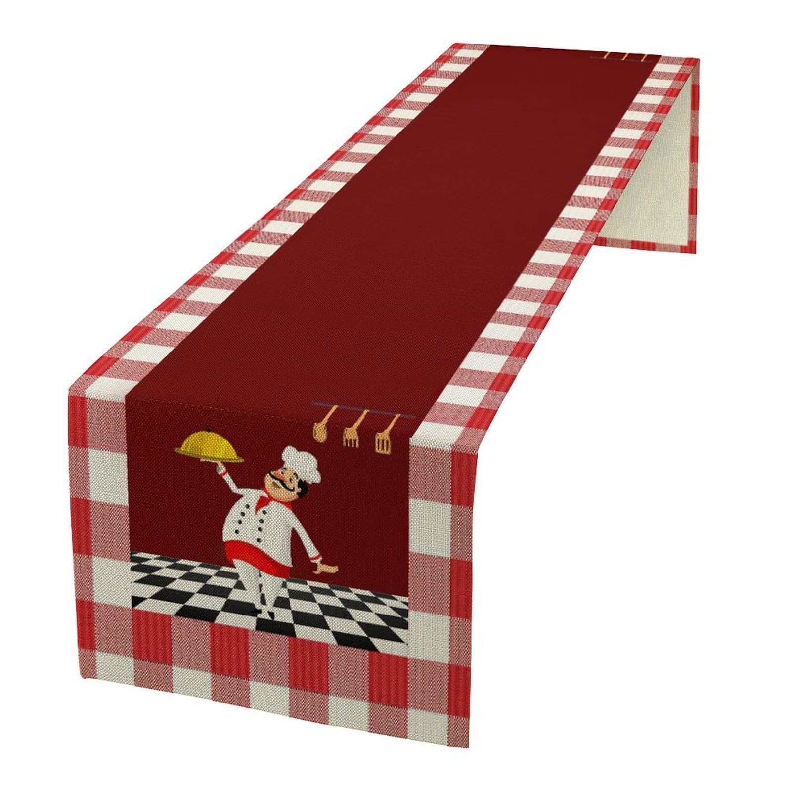 Cotton Linen Non-Slip Dining Table Runner - Fat Chef Decor, Dresser Scarves for Coffee Table, Wedding, Holiday, Party Tabletop, Kitchen Decor - Red
