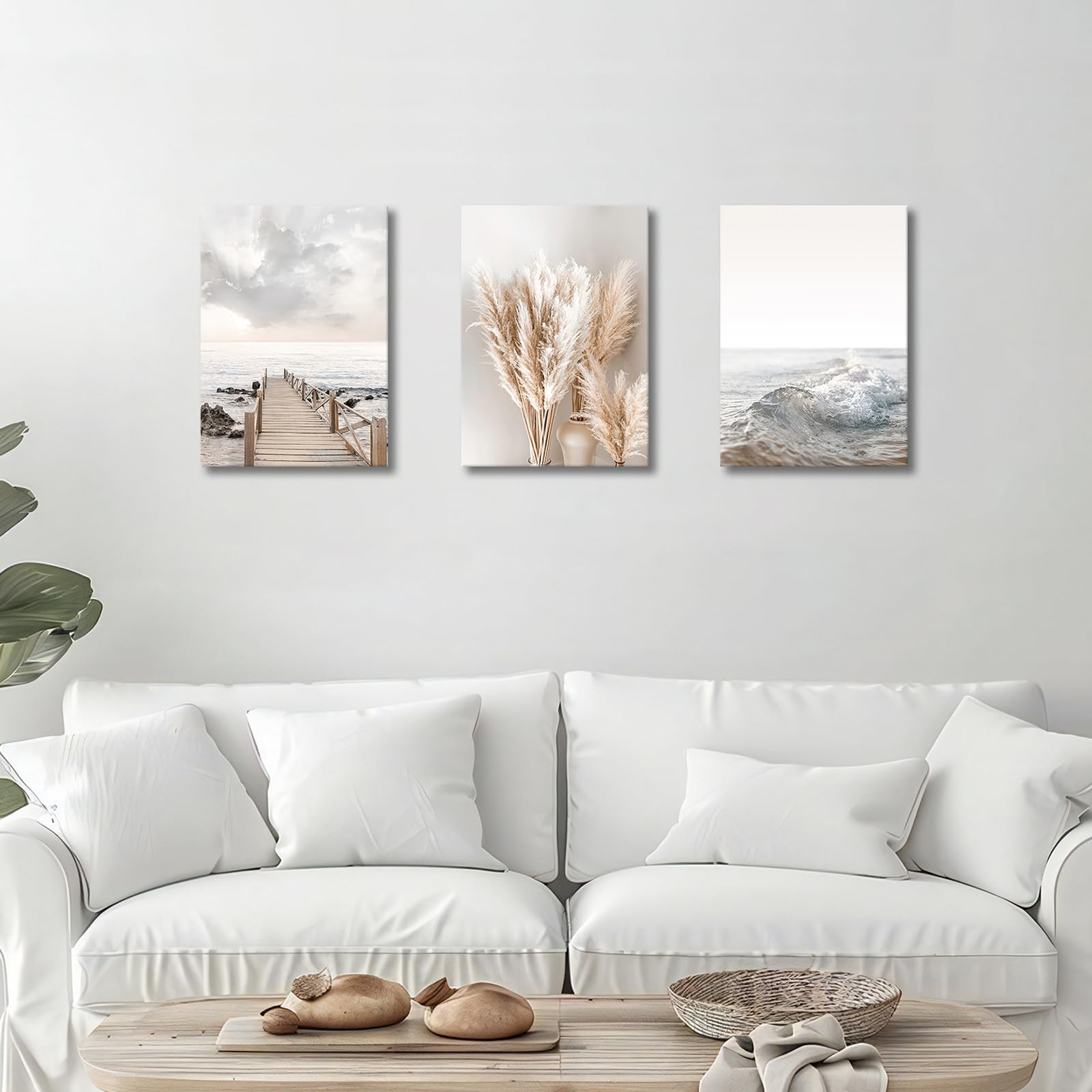 3 Pcs Wooden Framed Canvas Wall Art Set Bohemian Sage Green Canvas Prints Poster Geometric Line Beige Green Pictures for Living Room Bedroom Dinning Room Hallway Stairs Wall Decor 30x40cm x3pcs — view 367