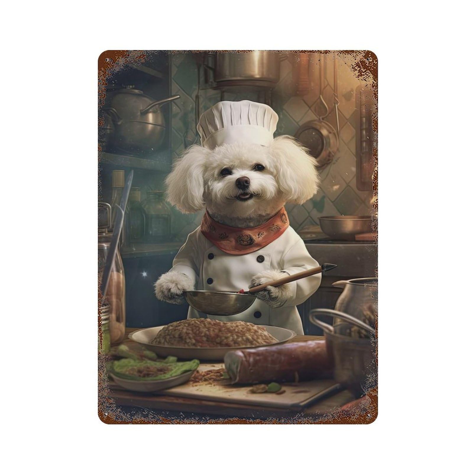 Bichon Frise Chef Retro Metal Sign 15.7"x11.8", Rustic Home Decor for Garage, Pub Or Kitchen