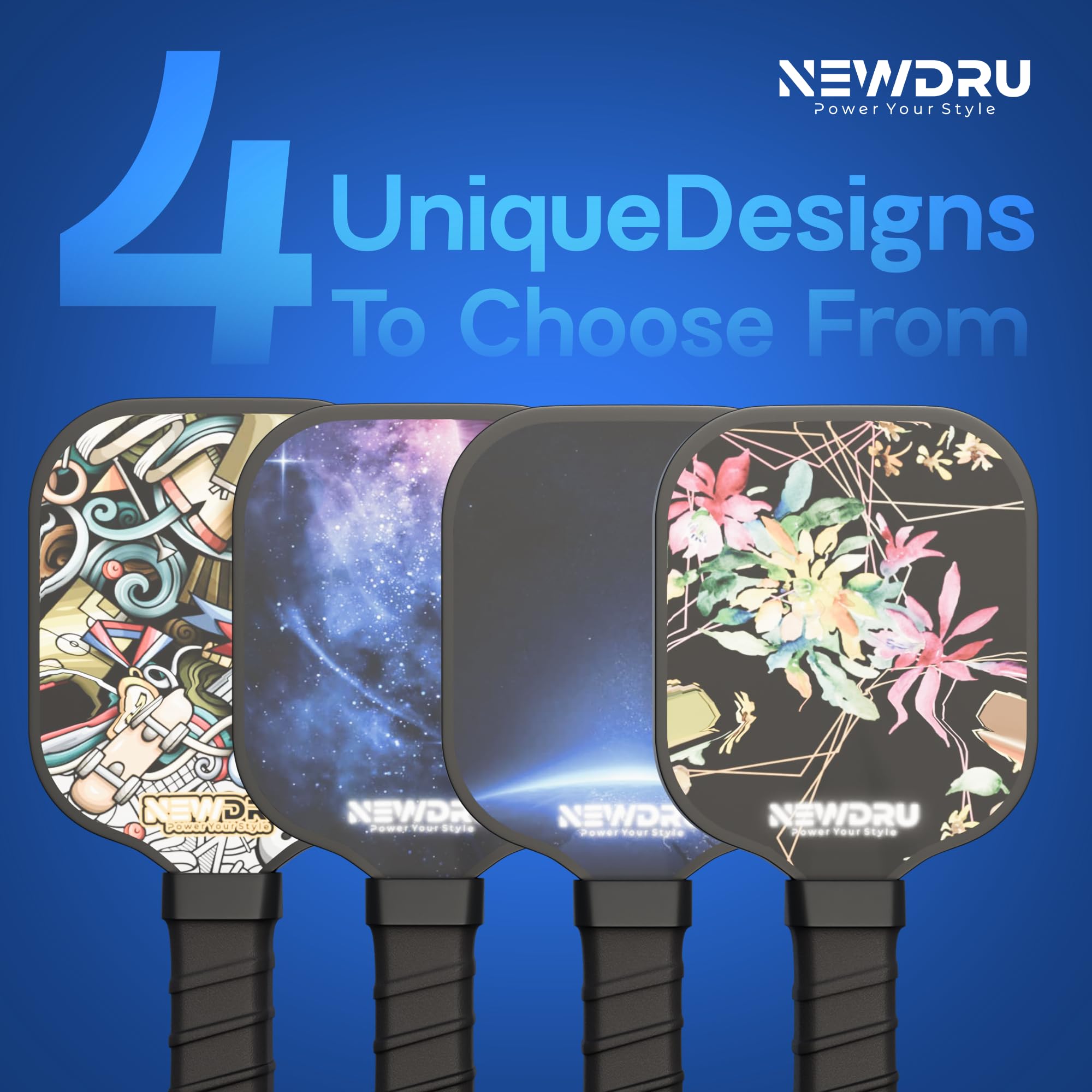 NEWDRU Pickleball Paddle Set 2 Rackets & 4 Ball - Fiberglass Surface for Power & Control | Honeycomb Base Cushion Comfort Grip (2 Rackets, 4 Outdoor Balls & Portable Racquet Bag) - Space & Stars 4