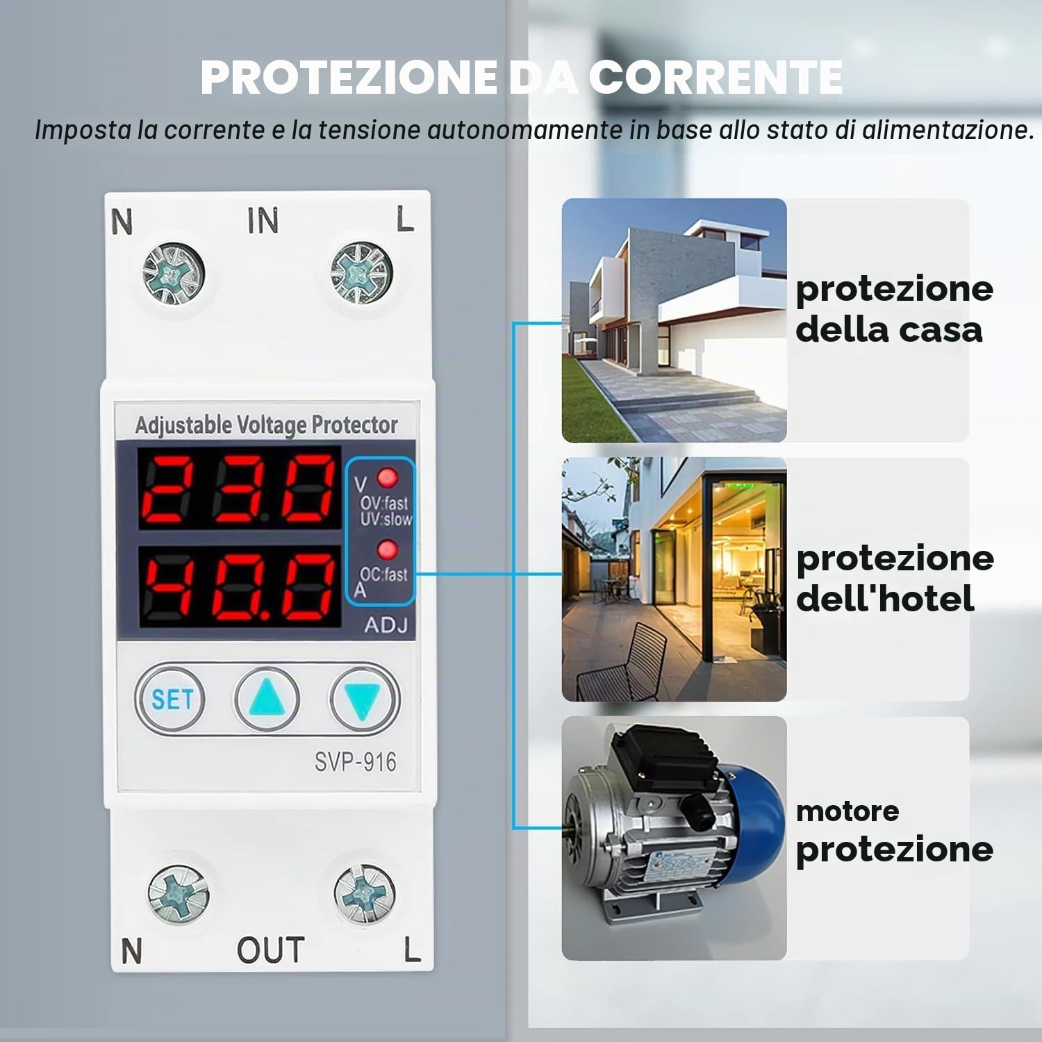 Jadeshay Stabilizzatore di Tensione,Dispositivo di Protezione da Sovratensione Sottotensione Regolabile Monofase Protezione Sovracorrente Relè di Ripristino Automatico con Display LCD AC230V 63A