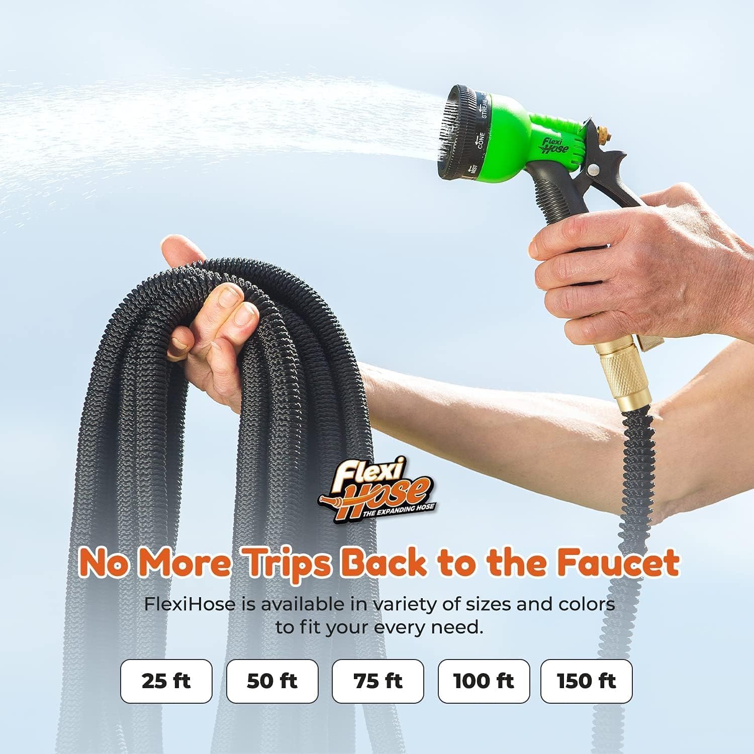 Flexi Hose Expandable Garden Hose with 8 Function Nozzle, 100FT - Lightweight Retractable Garden Hose, Water Hose - No-Kink Flexibility, 3/4 Inch Solid Brass Fittings and Double Latex Core