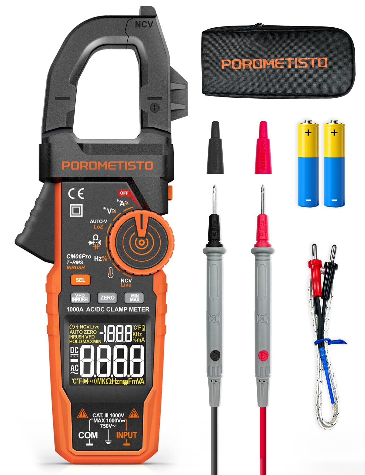 Inrush Clamp Meter 1000A POROMETISTO, 1000V Clamp Multimeter 6000 Counts