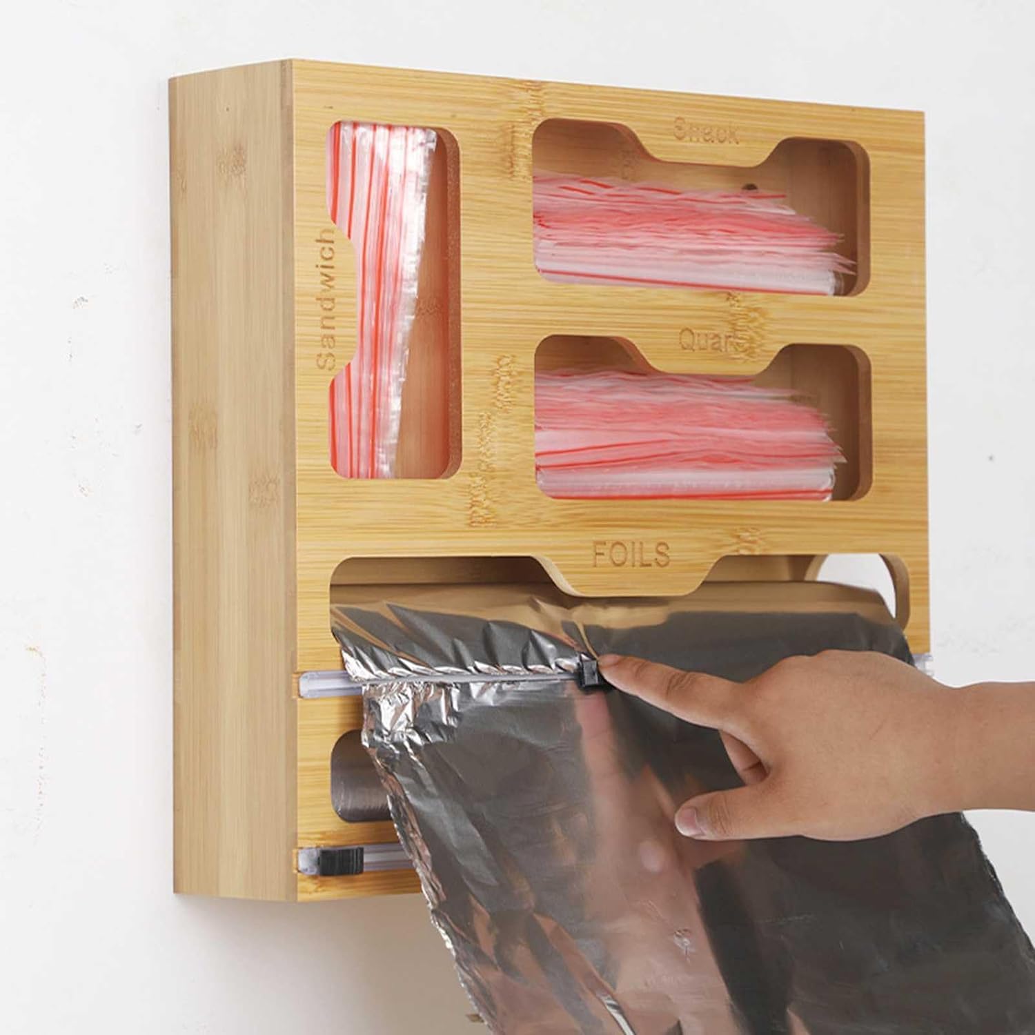 Dispensador de envoltura de plástico con cortador, 5 en 1, incluye 4 bolsas de almacenamiento, 2 dispensadores con cortador, se adapta a rollos de bocadillos de sándwich de un galón de galón de 12 pul