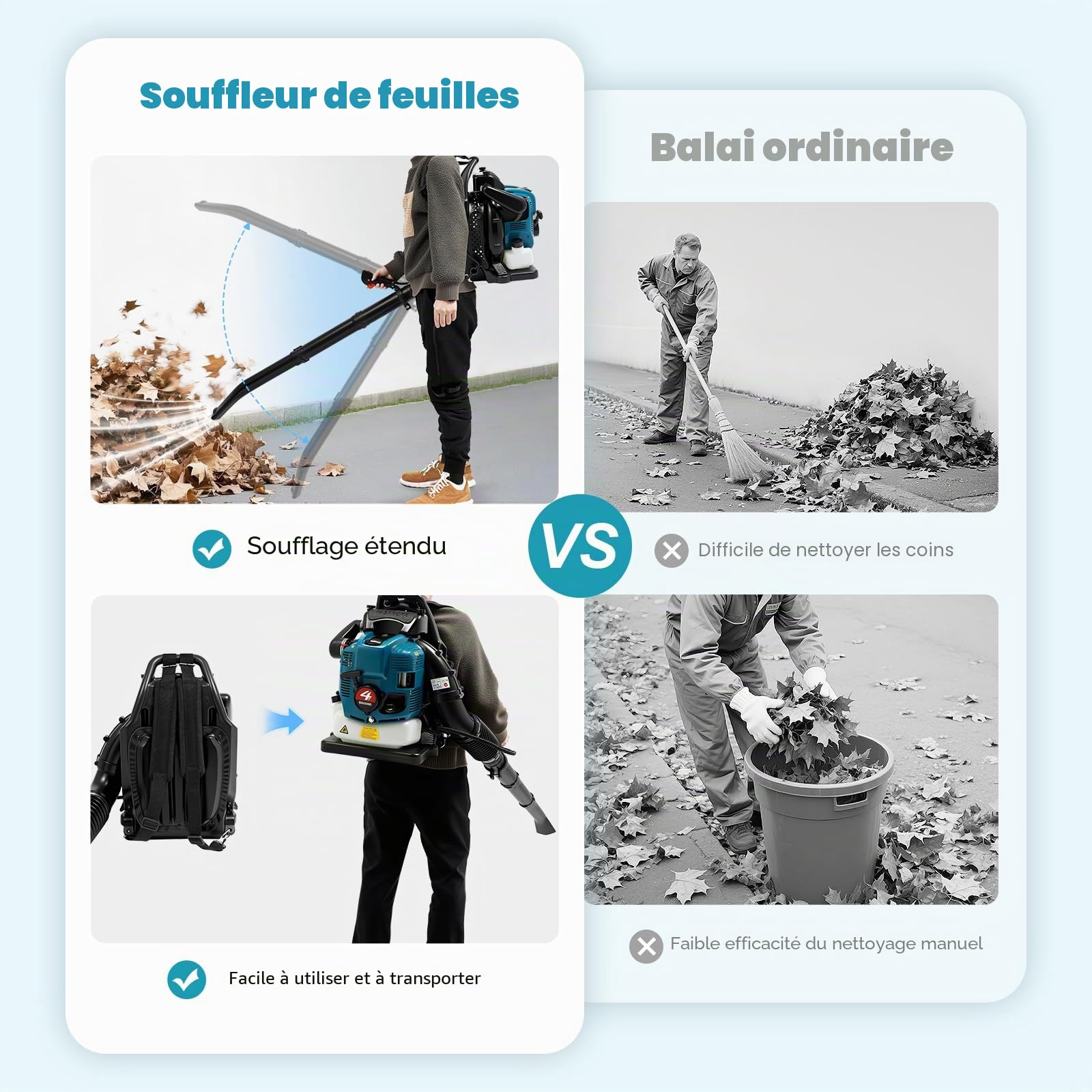 Sac à dos souffleur à essence, moteur 4 temps, 2,6 kW, 7000 tr/min, réservoir de 1,9 l, sortie ignifuge réglable à 180°, pour feuillage/neige, structure légère de 27,3 kg, avec système de