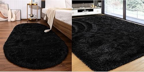 Softlife Juego de 2 alfombras negras, rectangulares de 4 x 5.3 pies y 2.6 x 5.3 pies ovaladas, alfombras de área para dormitorio, sala de estar,