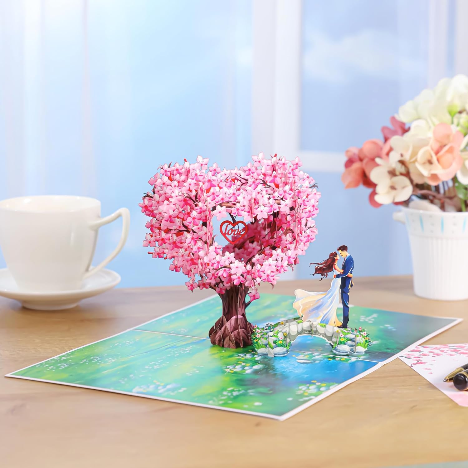 Pop Up Anniversary Cards, 3D Heart Cherry Blossom, Bridge with Couple Wedding Cards for Wife, Husband, Her, Him, Girlfriend, Ideal Gift for Birthday, Wedding, Valentines, Mothers Day, 6x8 inch - Image 2