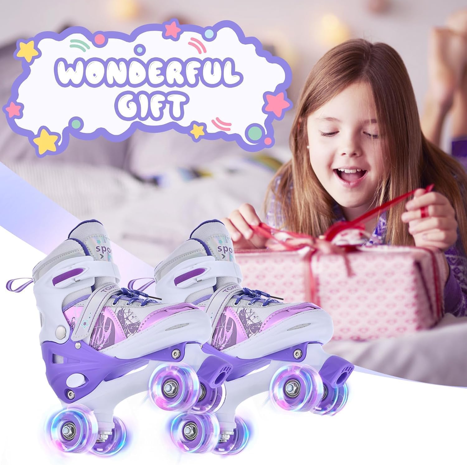 TOMSHOO Patins à roulettes Fille, Roller Enfant Fille avec LED Lumineuse Roues, Rollers Quad Enfant Taille Réglable, pour Débutants Enfants Cadeau