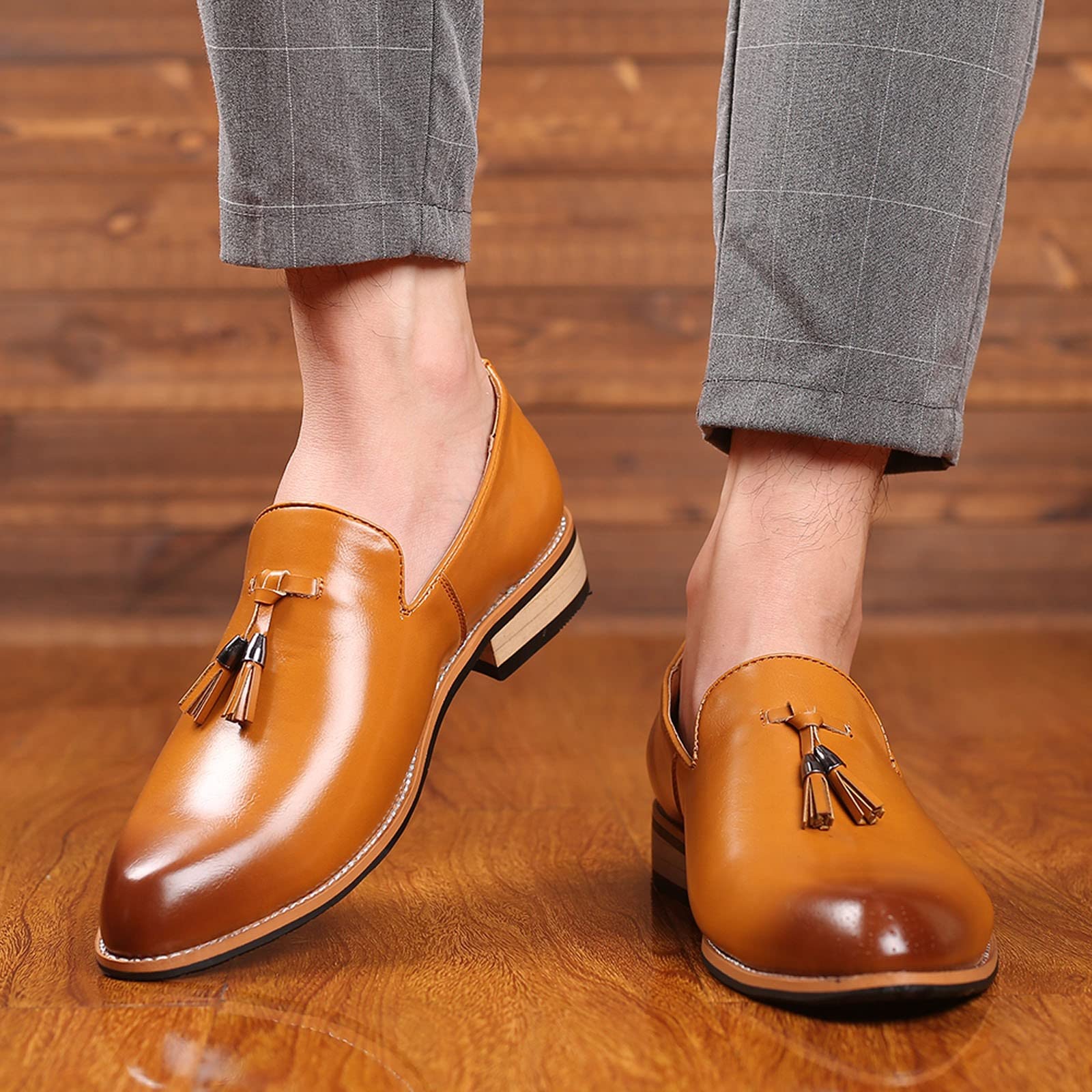 Mocasines clásicos con borlas para hombre, zapatos de vestir elegantes de piel sintética para negocios, bodas, fiestas, Amarillo, 39 1/3 EU