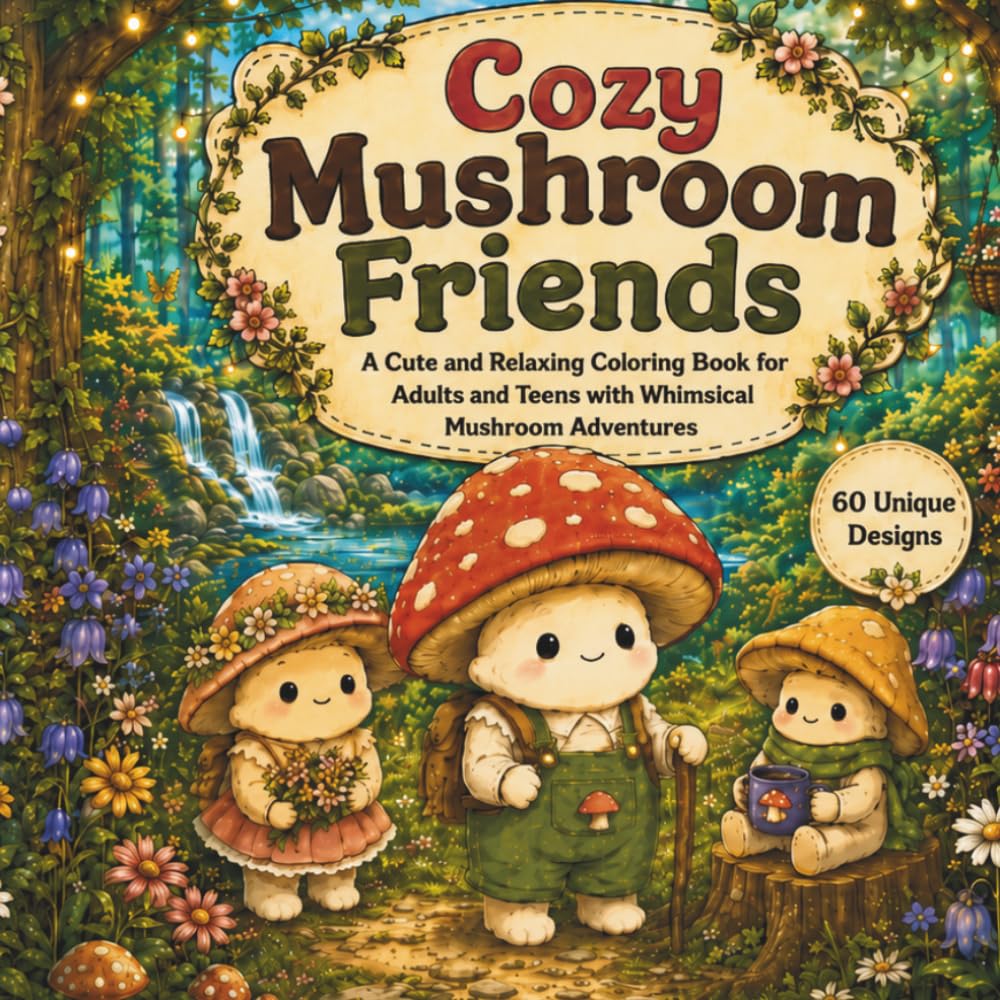 Cozy Mushroom Friends: A Cute and Relaxing Coloring Book for Adults and Teens with Whimsical Mushroom Adventures