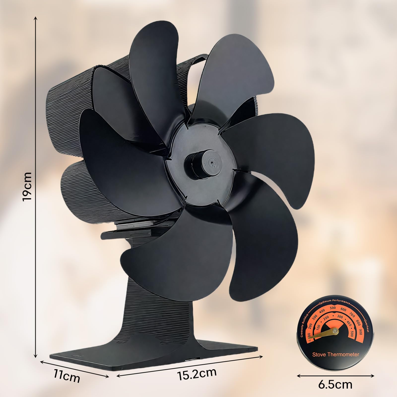 Ventilateur de Cheminée Thermodynamique, Économiseur d'Énergie avec Thermomètre, Diffusion de Chaleur Homogène pour Poêle à Bois, Cheminée, Sans Électricité Ni Piles