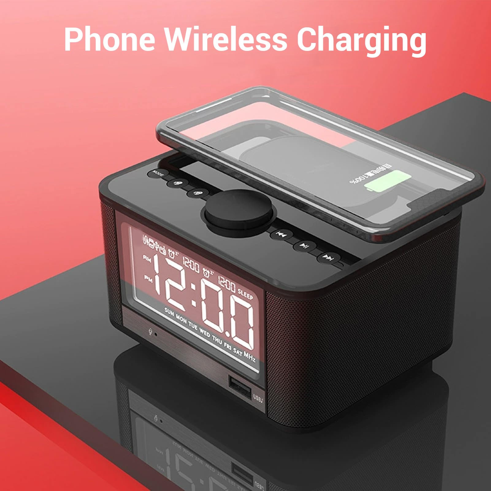 Goshyda Altavoz Bluetooth con Carga Inalámbrica, Radio Despertador para Dormitorios, Reloj Digital Regulable con Estación de Carga de Radio FM, Tarjeta de Memoria y Reproducción (Enchufe de la UE)