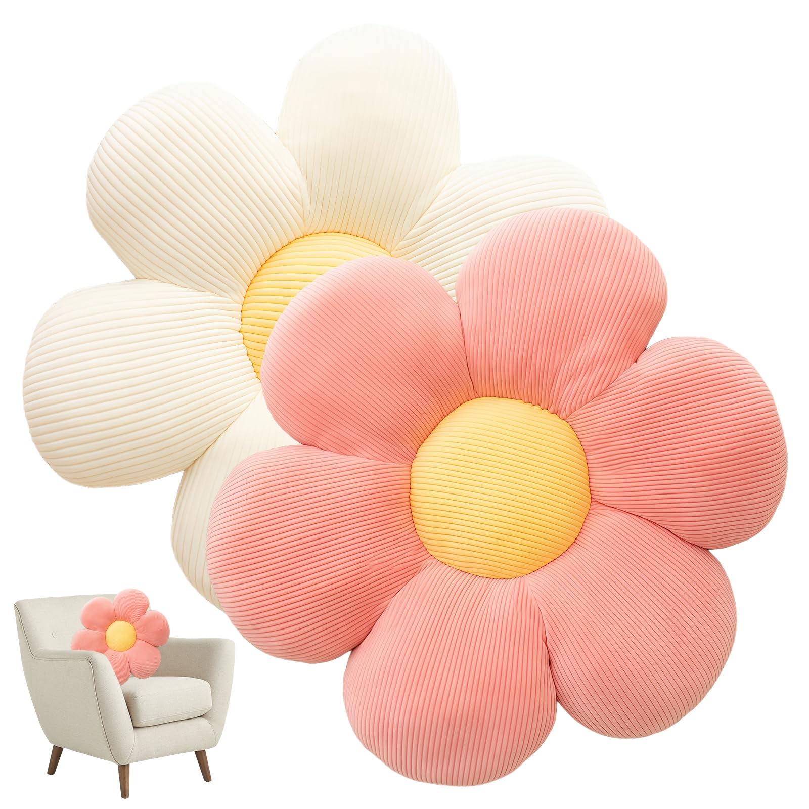 2er Set Blumenkissen 40cm - Weiches Komfort Sitzkissen Blumenboden Tatami für Wohnzimmer Sofa (Weiß Rosa)