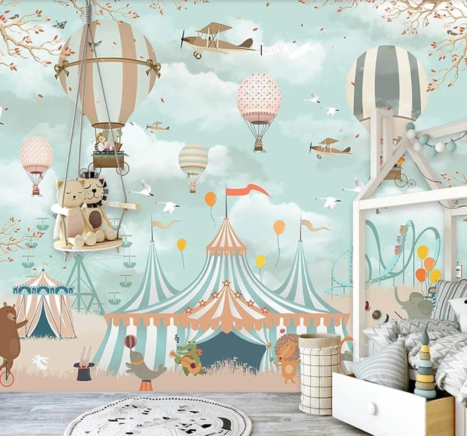 XLMING Romantic Cartoon Hot Air Balloon Sky Scenery 3D Wallpaper Premium Textured Silk Study Dining Living Room Bedroom Sofa TV Wall Easy Install-200cm×140cm