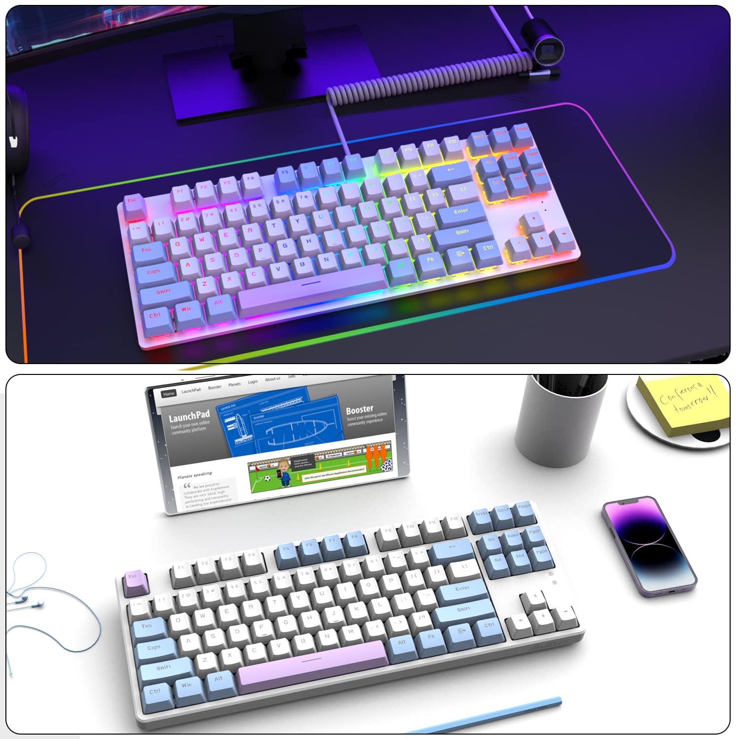 MAMBASNAKE AK873 Tastiera meccanica cablata fai-da-te, cavo a spirale, 22 tasti retroilluminati RGB, copritasti flottanti PBT, tastiera 87% con copertura magnetica staccabile, tastiera macro per gamer