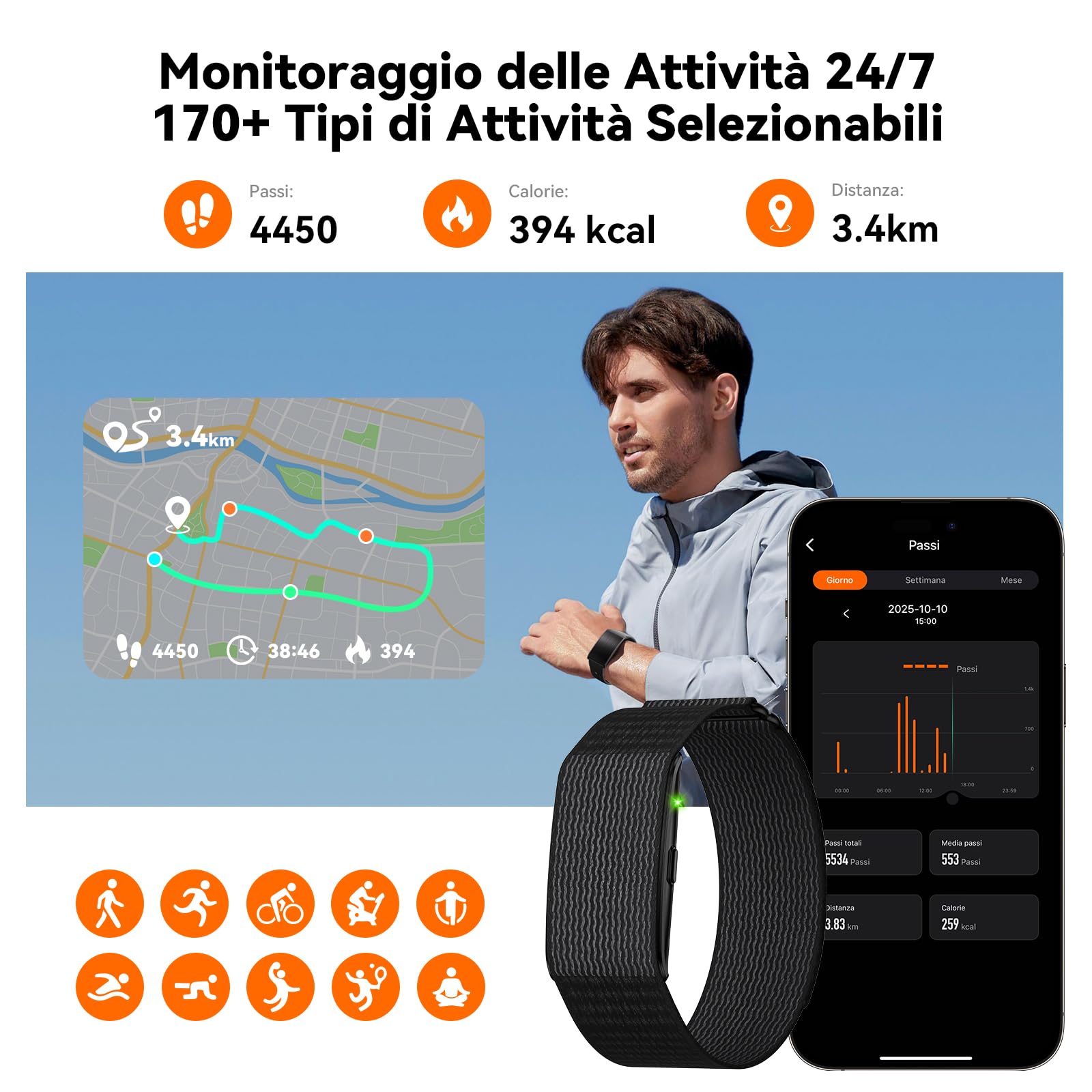 Fitness Tracker Smartwatch senza Schermo per Uomo Donna Nero | 24/7 Frequenza Cardiaca & Sonno con Analisi AI, Durata 60 Giorni, 170+ Modalità Sport, Non Abbonamento Richiesto