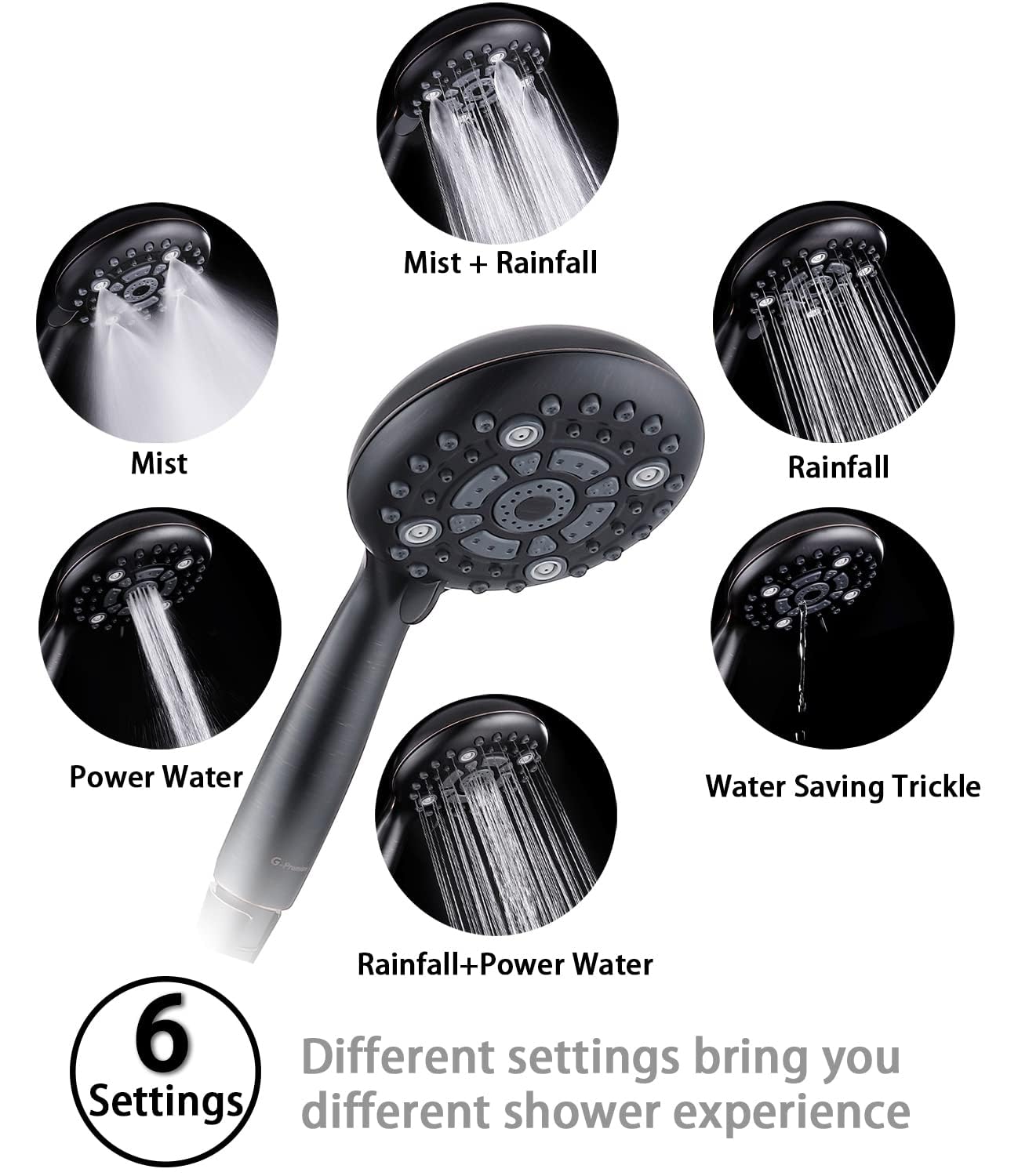 G-Promise Pommeau de douche haute pression 6 pulvérisations avec bras de douche réglable en laiton massif flexible extra long en acier inoxydable Oil-Rubbed Bronze