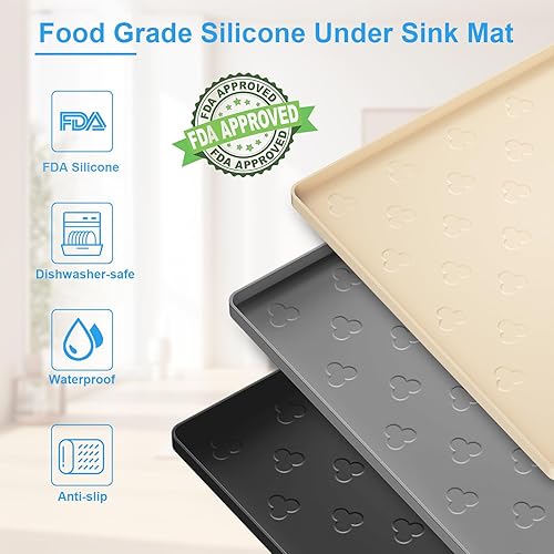 Miniatura 3 de Tapete para debajo del fregadero, tapete impermeable para gabinete de cocina de 34 x 22 pulgadas, forro de silicona flexible para debajo del