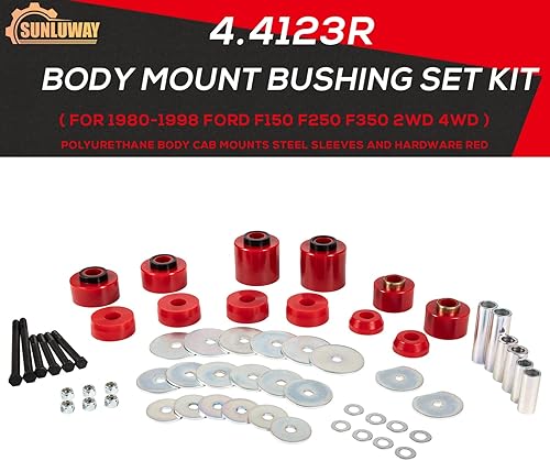 Miniatura 2 de Kit de bujes de montaje en cuerpo rojo mejorado compatible con Ford F150 F250 F350 2WD 4WD 1980-1998, soportes de cabina de poliuretano resistente,