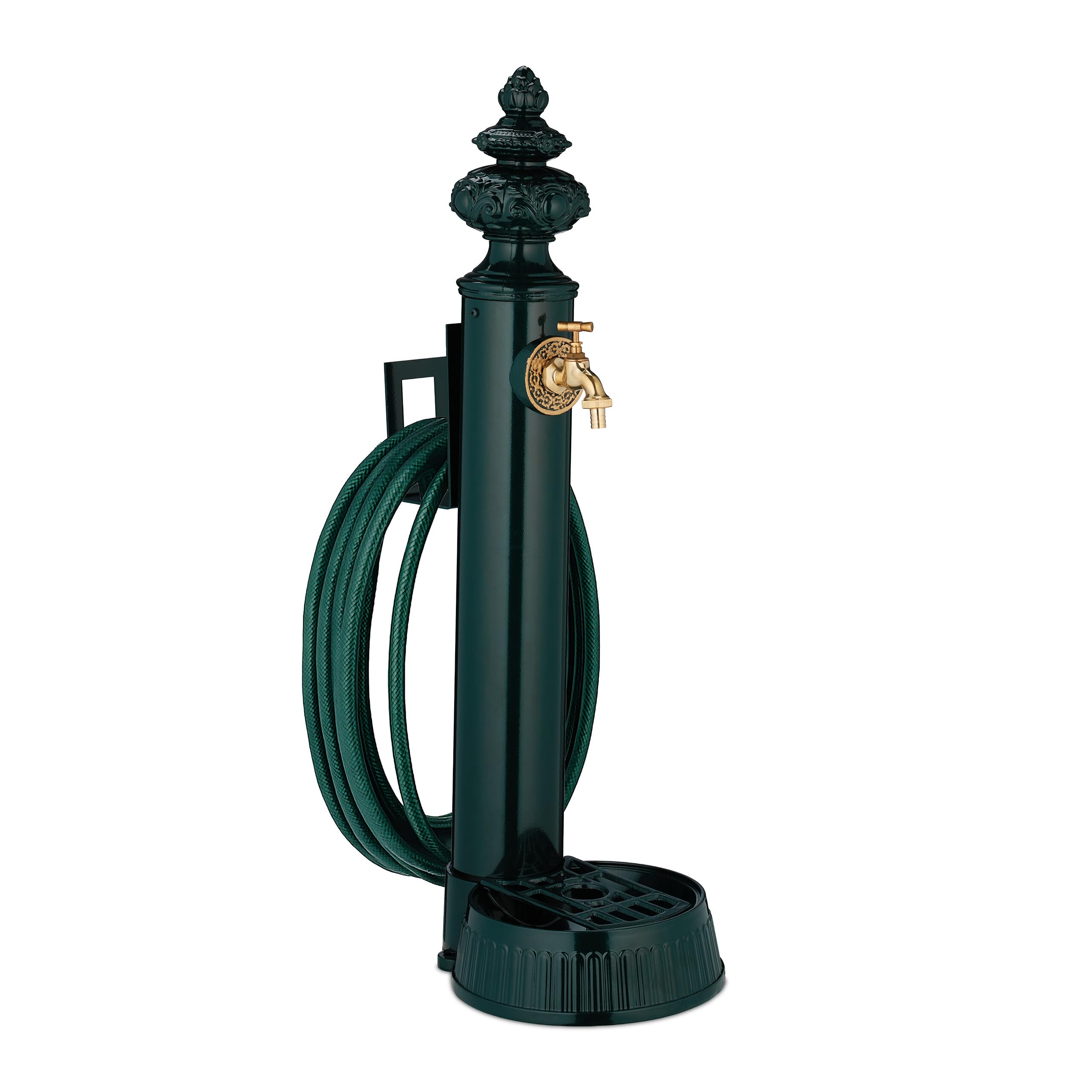 Relaxdays antique fountain, tap & basin, HxWxD: 87x26x43 cm, water tap column with hose holder, garden, green