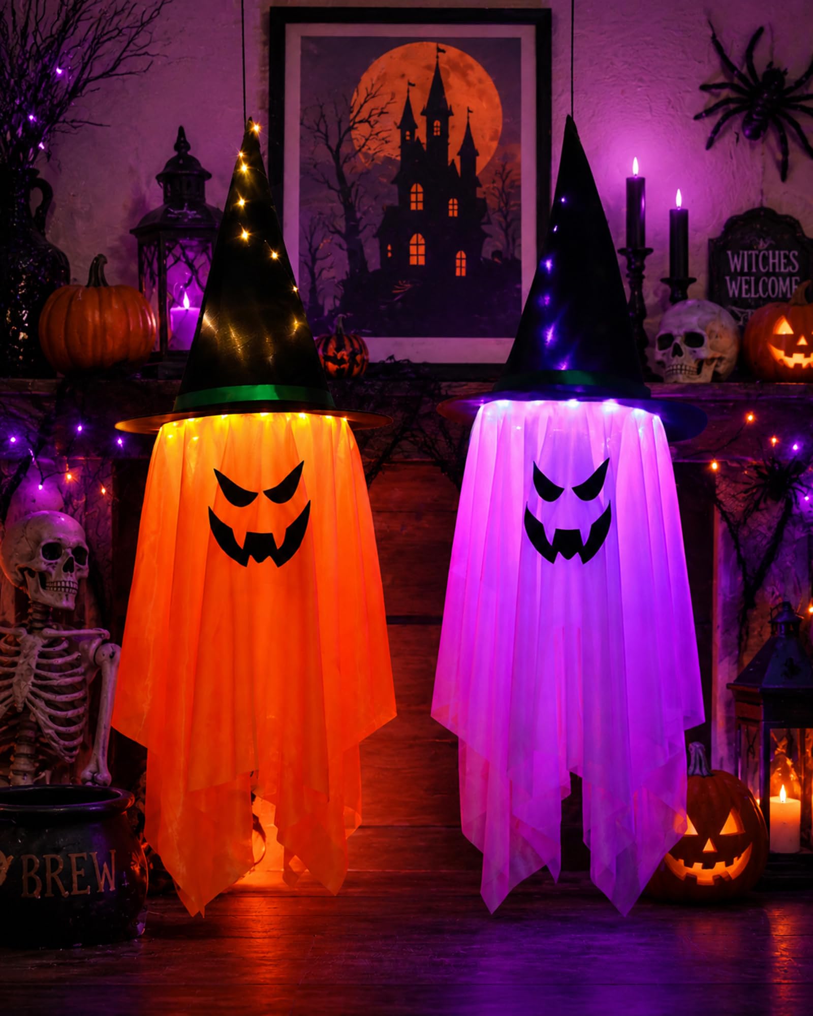Halloween Hanging Decorations, 2 Pack LED Light Up Ghost Decorations