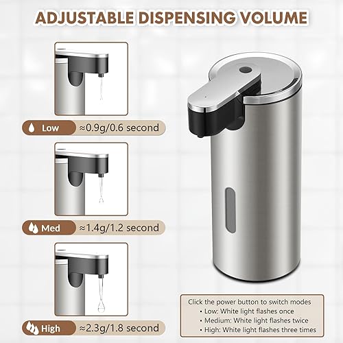 Miniatura 4 de Dispensador automático de jabón de acero inoxidable con 3 niveles ajustables infrarrojos de 11.5 fl oz eléctrico IPX4 dispensador de jabón sin