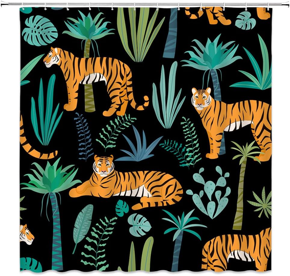 Tiger Shower Curtain Tropical Plant Palm Leaf Wildlife Leopar Big Cat Animal Jungle Rainforest Banana Monstera Forest Tree Fabric Bathroom Sets with Hooks,Green Blue Yellow