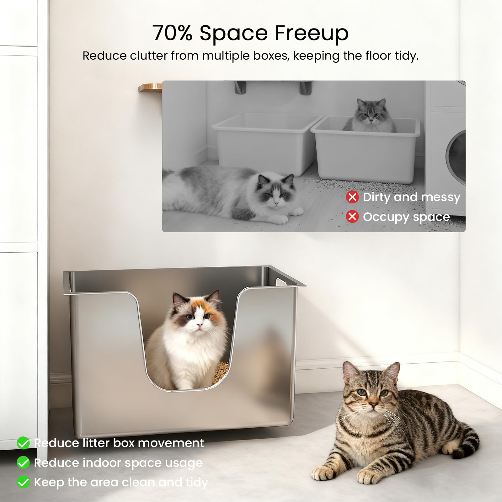 Stainless Steel Cat Litter Box 11.8” High Sides, Large Metal Litter Box with Low Entry for Big Cats, Leak-Proof Pet Toilet Kitty Litter Pan with Wheels for Mobility, Easy to Clean & Non-Stick - image 3
