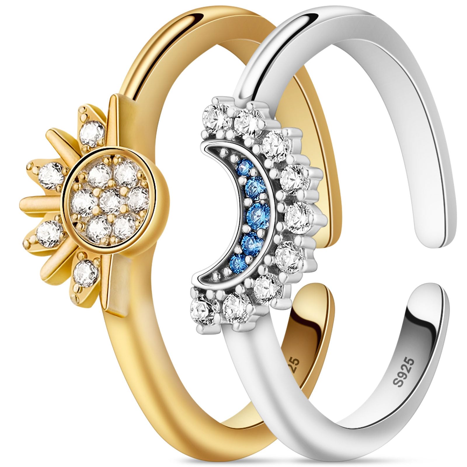 Aucuu Anillos Mujer Brillante Sol y Luna, Plata de Ley 925 Anillo Ajustable para Mujer, Anillo Superpuesto con Sol y Luna Celestial, Anillo de Engaste de Diamantes, Regalo Ideal para Mujeres y Niñas