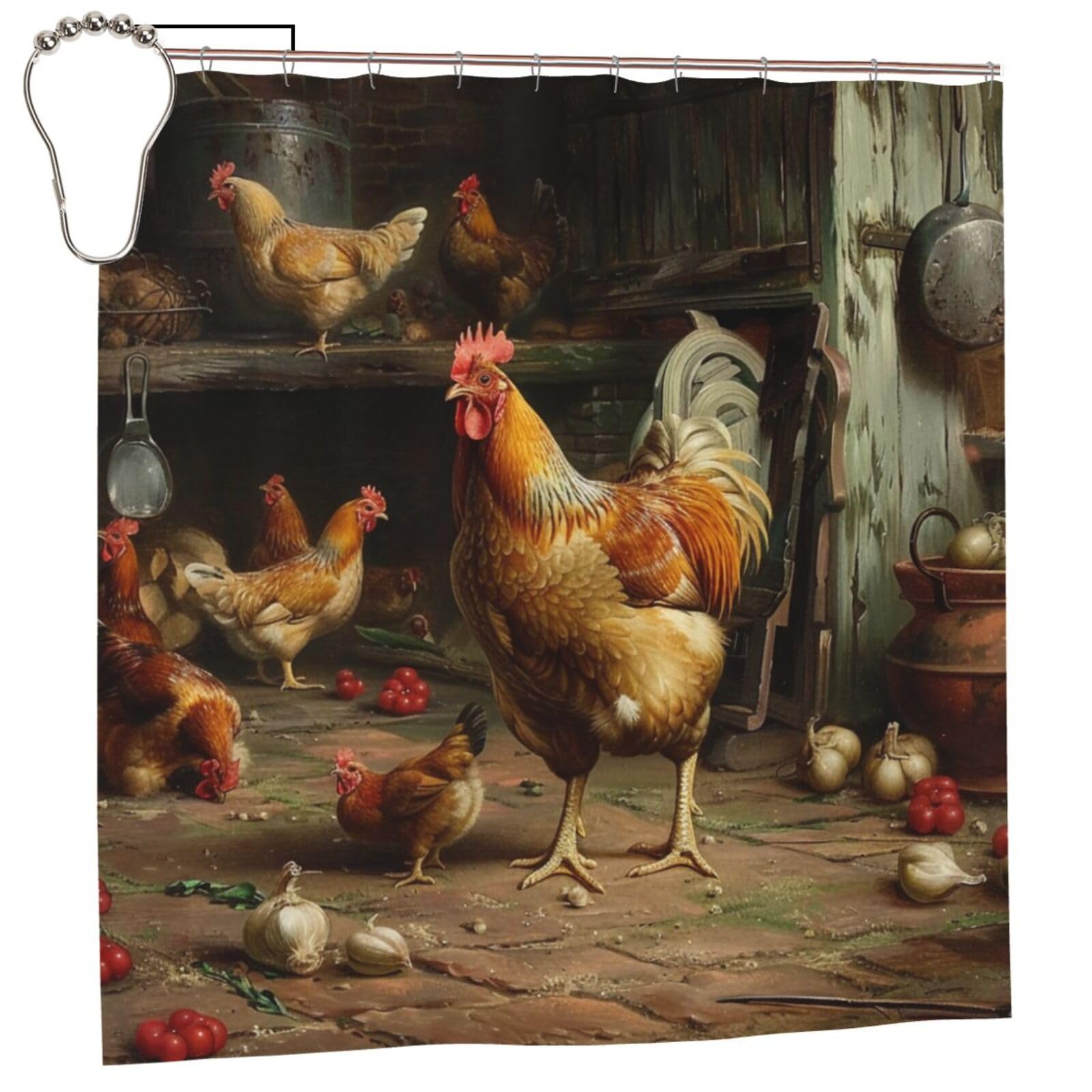 BWWHCCTI Roast Chicken Hen Farm Printed Shower Curtain With 12 Iron Hooks Opaque Quick Drying Waterproof Shower Curtains Sets For Bathroom 183x183 CM